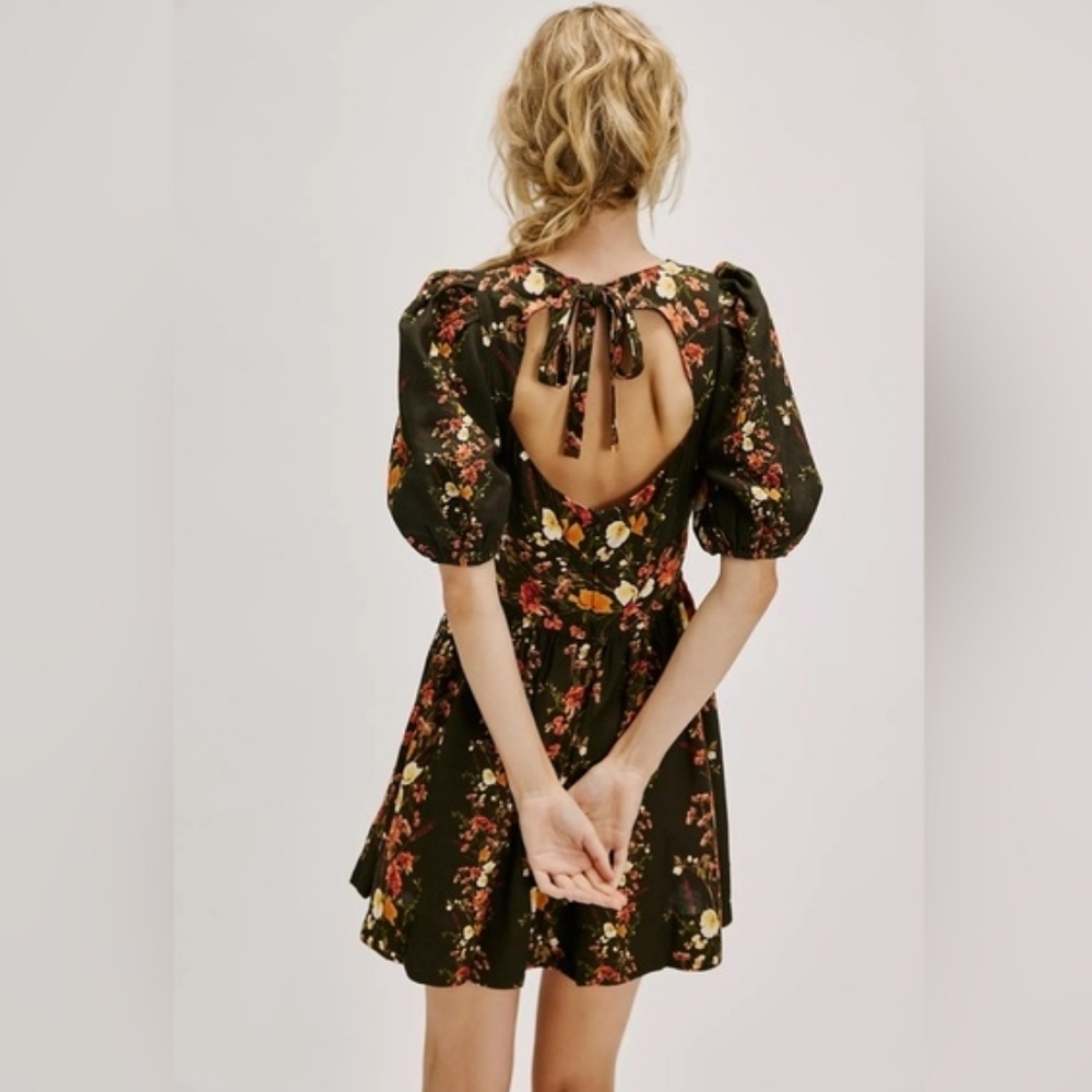 Free People Saylor Roseanne Floral Mini Dress Open Back Puff Sleeve NWT M - Picture 2 of 4